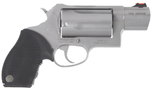 Taurus 2441039TC Judge Public Defender Small Frame 45 Colt (Long Colt)/ 410 Bore 5rd 2″ Matte Stainless Steel Barrel  Cylinder & Frame  Black Ribber Grip  Transfer Bar Safety  Exposed Hammer