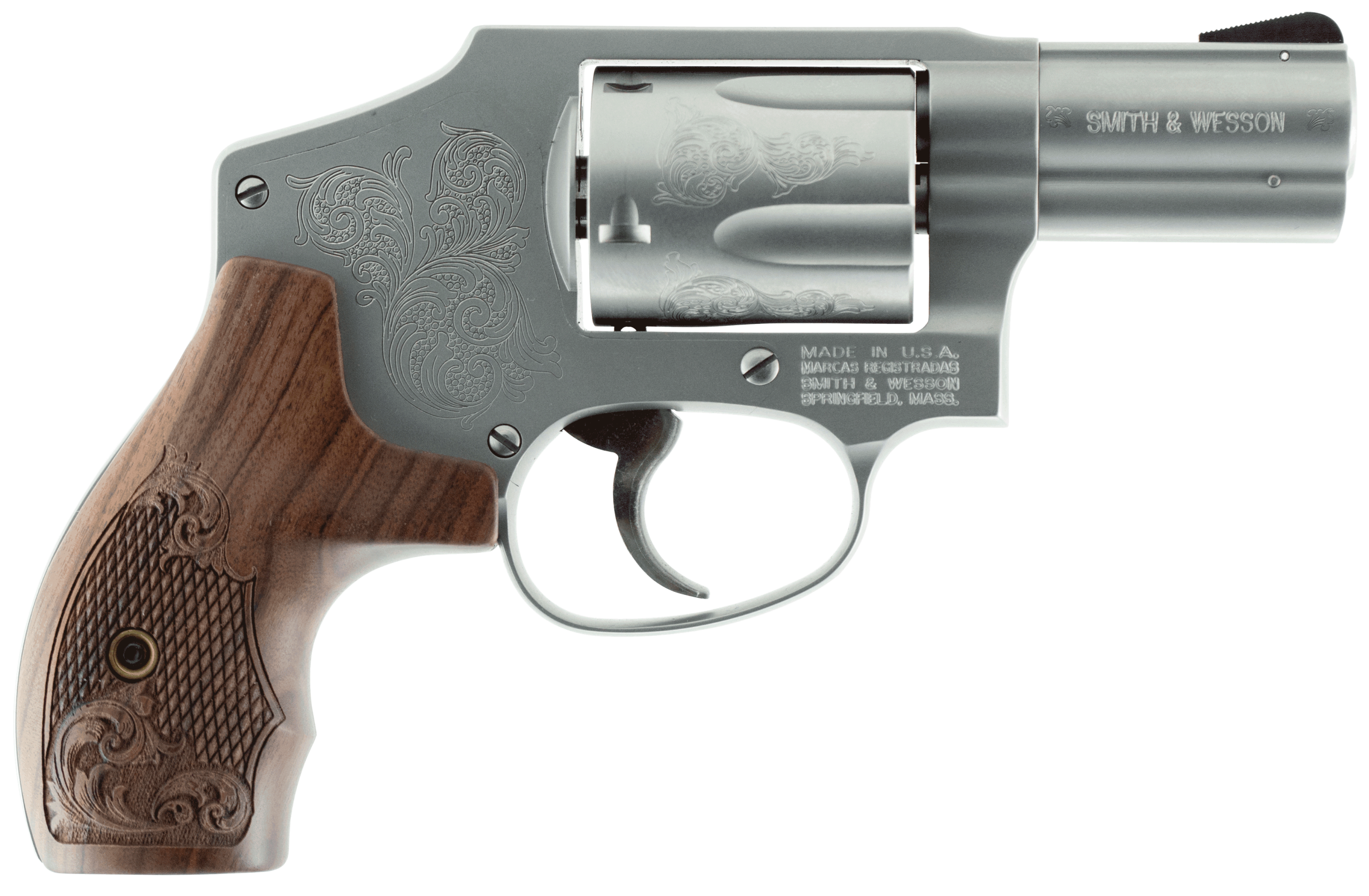 Smith & Wesson 150784 Model 640 *CA Compliant 357 Mag 5 Shot 2.13" Engraved Stainless Steel Barrel/Cylinder Engraved Matte Silver Stainless Steel J-Frame Engraved Wood Grip Mahogany Presentation Case