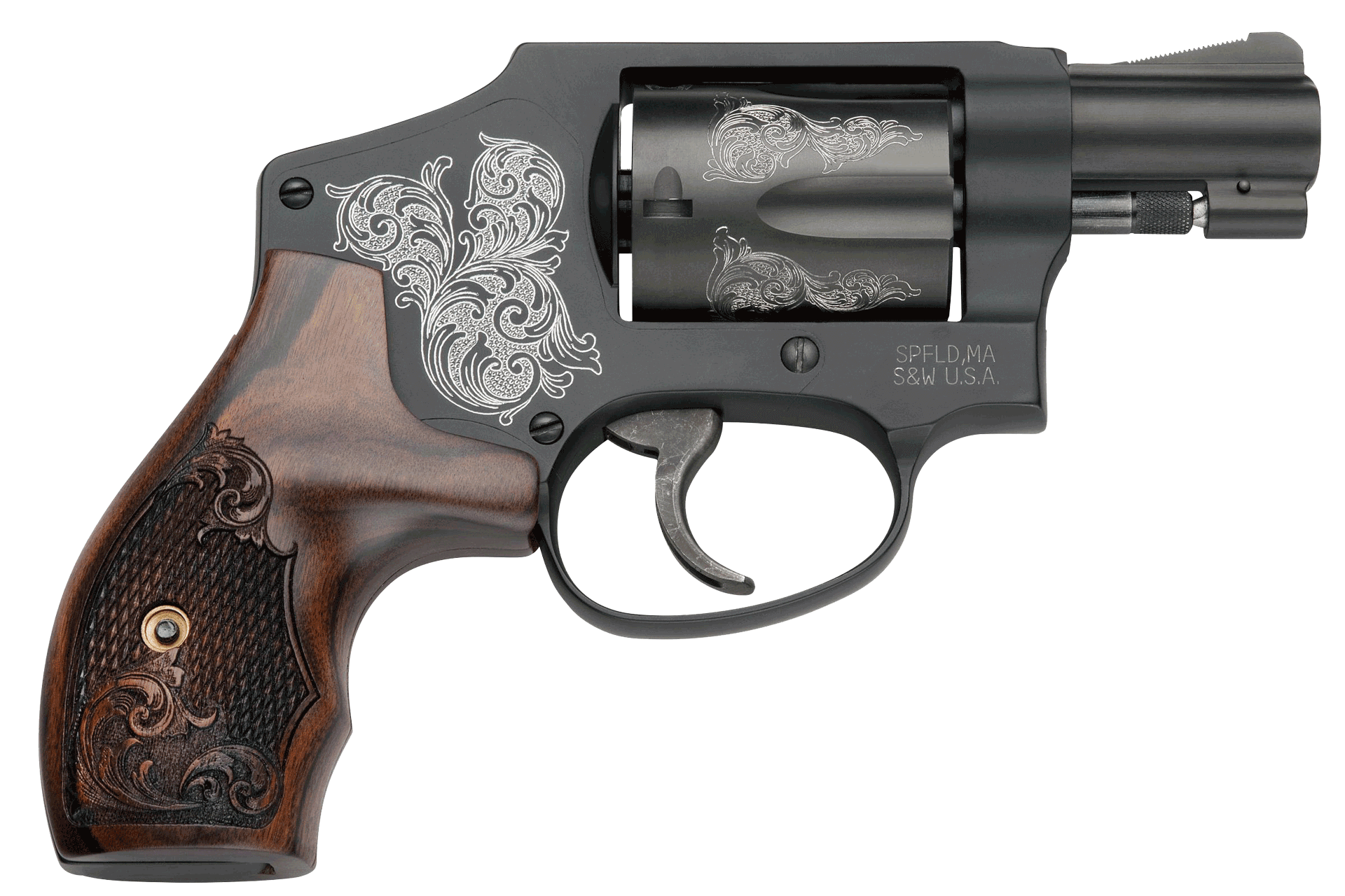 Smith & Wesson 150785 Model 442 38 S&W Spl +P 5 Shot 1.88″ Engraved Black Carbon Steel Barrel/Cylinder Engraved Black Aluminum J-Frame Engraved Wood Grip Mahogany Presentation Case Smith & Wesson 150785 Model 442 38 S&W Spl +P 5 Shot 1.88″ Engraved Black Carbon Steel Barrel/Cylinder Engraved Black Aluminum J-Frame Engraved Wood Grip Mahogany Presentation Case