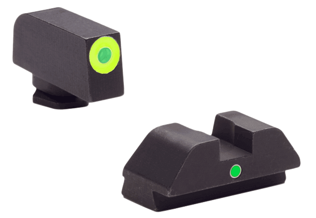 AmeriGlo GL305 i-Dot Sight set for Glock Black | Green Tritium with Orange Outline Front Sight Green Tritium i-Dot Rear Sight AmeriGlo GL305 i-Dot Sight set for Glock Black | Green Tritium with Orange Outline Front Sight Green Tritium i-Dot Rear Sight