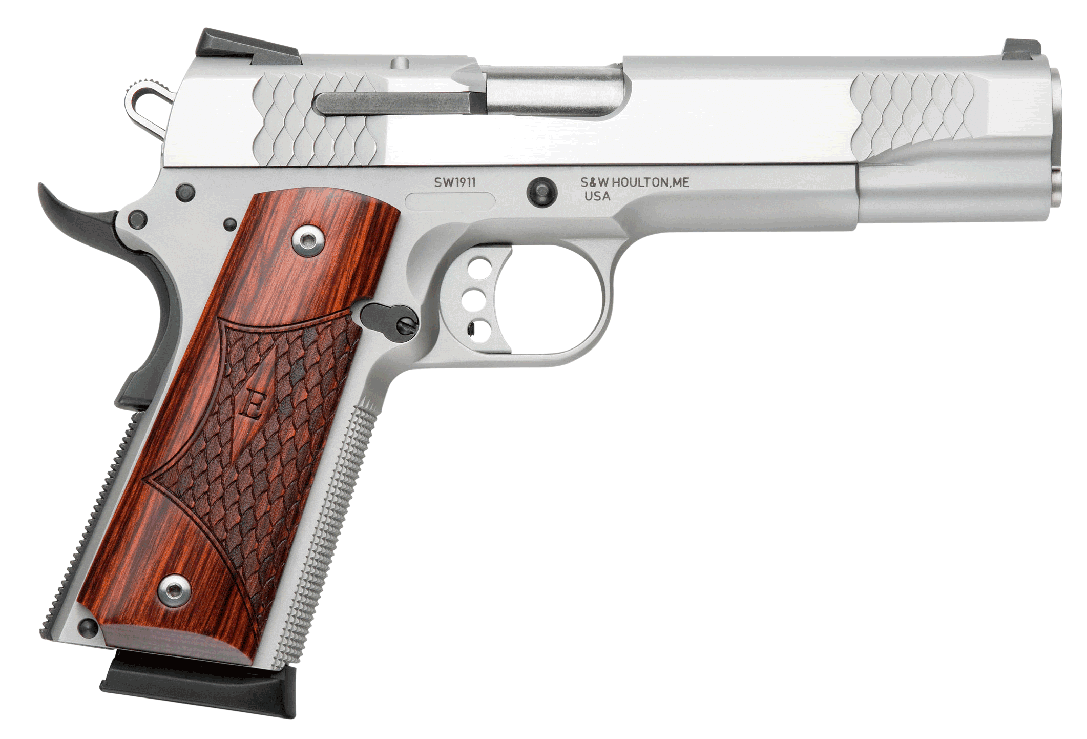 Smith & Wesson 108482 1911 E-Series Serrated Frame 45 ACP 8+1 5 Stainless Steel Barrel Satin Stainless Serrated Slide & Frame w/Beavertail Laminate Wood Grip"