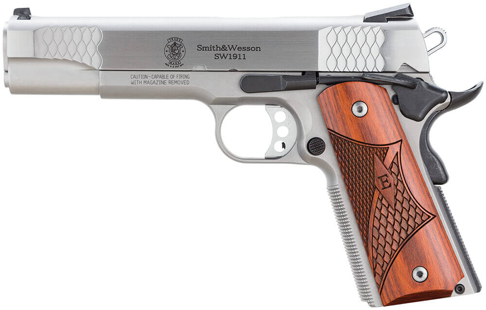Smith & Wesson 108482 1911 E-Series Serrated Frame 45 ACP 8+1 5 Stainless Steel Barrel Satin Stainless Serrated Slide & Frame w/Beavertail Laminate Wood Grip" - Image 2