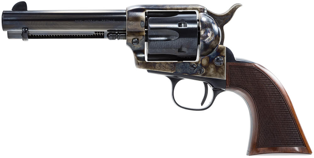 Taylors & Company 550810DE Smoke Wagon Deluxe 357 Mag Caliber with 4.75 Blued Finish Barrel 6rd Capacity Blued Finish Cylinder Color Case Hardened Finish Steel Frame Checkered Walnut Grip & Overall Taylor Polish” Taylors & Company 550810DE Smoke Wagon Deluxe 357 Mag Caliber with 4.75 Blued Finish Barrel 6rd Capacity Blued Finish Cylinder Color Case Hardened Finish Steel Frame Checkered Walnut Grip & Overall Taylor Polish”