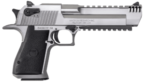 Magnum Research DE50SRMB Desert Eagle Mark XIX 50 AE 7+1  6 Stainless Stainless Steel w/Muzzle Brake & Picatinny Rail Barrel  Serrated Stainless Steel Slide & Frame w/Beavertail & Picatinny Rail  Black Rubber Grip  Ambidextrous Safety  Right Hand”