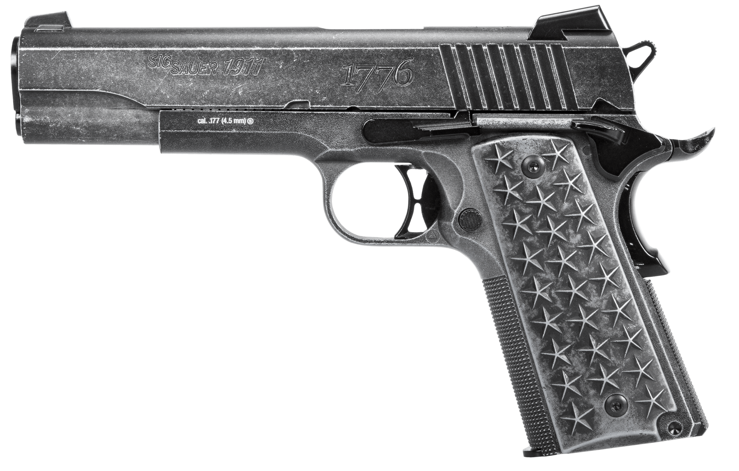 Sig Sauer Airguns AIR1911WTP 1911 We The People Air Pistol CO2 177 BB 17+1 4.5" Barrel 340 fps Velocity Distressed Gray Metal Frame w/Beavertail & 13 Star Engraved Metal Slide Custom 50 Star Distressed Aluminum Grips