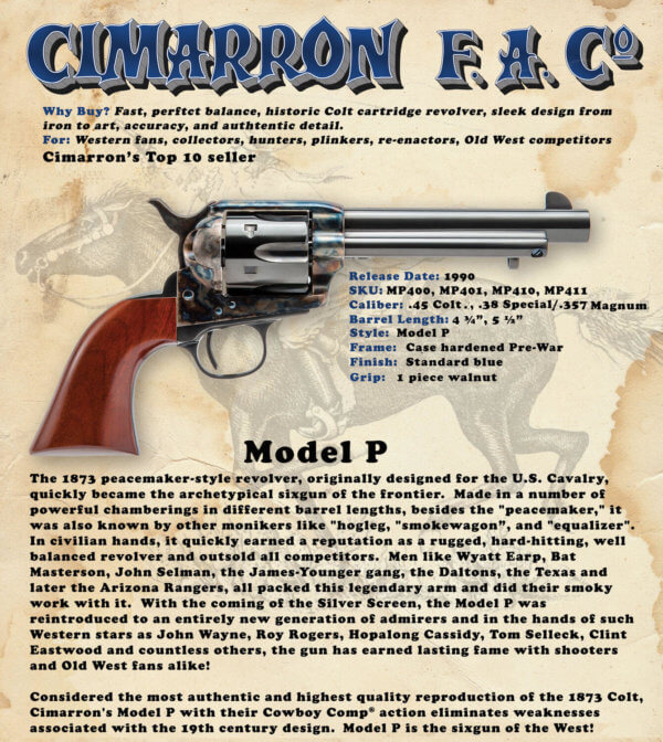Cimarron MP401 Model P  38 Special 357 Mag 6 Shot  5.50″ Blued Steel Barrel  Cylinder & Frame  Walnut Grip  Exposed Hammer