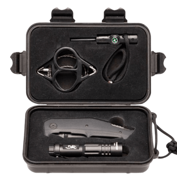 Browning 3220288 Outdoorsman Survival Kit 3.50″ Folding Drop Point Plain Black Stonewashed 8Cr13MoV SS Blade/Black G10 Handle Includes Storage Case/Flashlight/Wire Saw/Fire Flint/Compass/Whistle