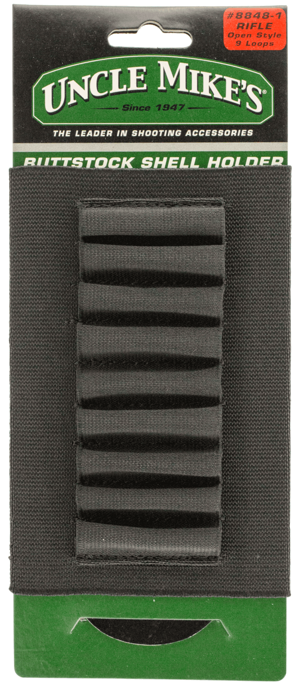 Uncle Mike’s 88481 Buttstock Shell Holder  made of Nylon with Black Finish & Sewn-On Elastic Loops Holds up to 9rds for Rifles
