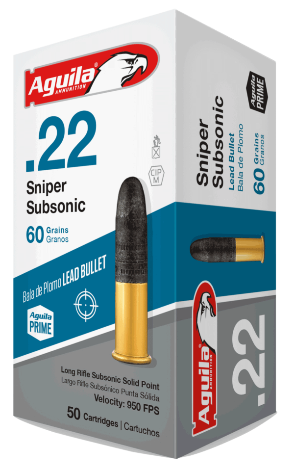 Aguila 1B220112 Sniper Subsonic Rimfire 22LR 60gr Lead Solid Point 50rd Box Aguila 1B220112 Sniper Subsonic Rimfire 22LR 60gr Lead Solid Point 50rd Box
