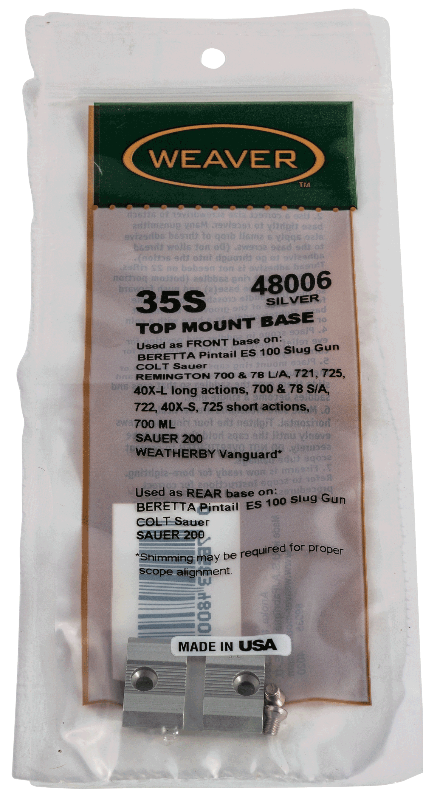 Weaver Mounts 48006 Top Mount Base For Rifle BSA/Colt/ Beretta/Moss/Rem/Wthby Silver Aluminum Weaver Mounts 48006 Top Mount Base For Rifle BSA/Colt/ Beretta/Moss/Rem/Wthby Silver Aluminum