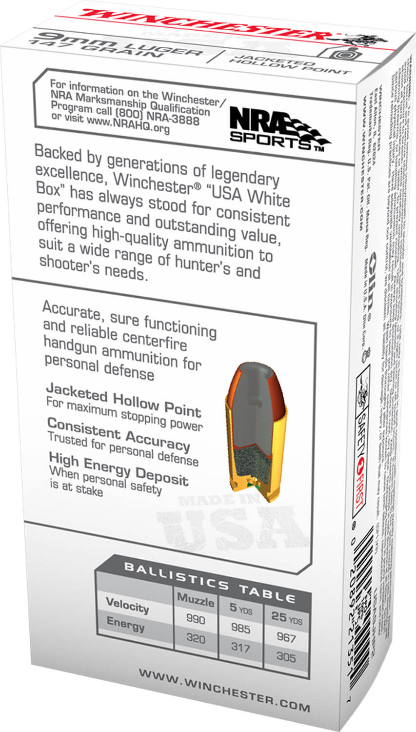 Winchester Ammo USA9JHP USA 9mm Luger 115 gr Jacket Hollow Point 50rd Box Winchester Ammo USA9JHP USA 9mm Luger 115 gr Jacket Hollow Point 50rd Box