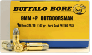 Buffalo Bore Ammunition 24L20 Outdoorsman Strictly Business 9mmLuger 147gr Hard Cast Flat Nose 20rd Box/12 Case