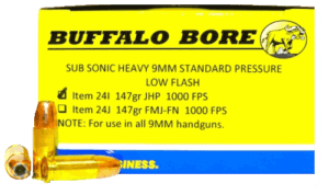 Buffalo Bore Ammunition 24I20 Subsonic Strictly Business 9mm Luger Subsonic 147 gr Jacketed Hollow Point (JHP) 20rd Box