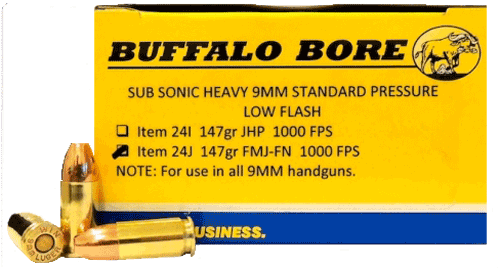 Buffalo Bore Ammunition 24J20 Subsonic Strictly Business 9mm Luger Subsonic 147 gr Full Metal Jacket Flat Nose (FMJFN) 20rd Box