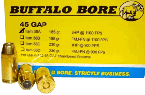 Buffalo Bore Ammunition 38A20 Personal Defense Strictly Business 45 GAP 185 gr Jacketed Hollow Point (JHP) 20rd Box