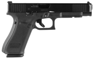 Glock PA343S103MOS G34 Gen5 Competition MOS 9mm Luger 17+1 5.31″ Black GMB Barrel  Black nDLC MOS Cut/Serrated Slide  Black Polymer Frame w/Picatinny Rail  Black Textured w/Interchangeable Backstrap Grip  Ambidextrous