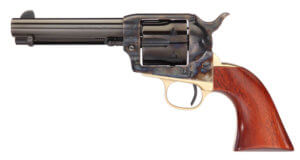 Taylors & Company 550835DE Ranch Hand Deluxe 45 Colt (LC) Caliber with 4.75″ Blued Finish Barrel  6rd Capacity Blued Finish Cylinder  Color Case Hardened Finish Steel Frame   Walnut Navy Size Grip & Overall Taylor Polish