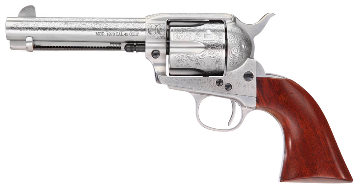 Taylors & Company 550928 1873 Cattleman 357 Mag Caliber with 4.75″ Barrel 6rd Capacity Cylinder Overall White Floral Engraved Finish Steel & Walnut Grip Taylors & Company 550928 1873 Cattleman 357 Mag Caliber with 4.75″ Barrel 6rd Capacity Cylinder Overall White Floral Engraved Finish Steel & Walnut Grip
