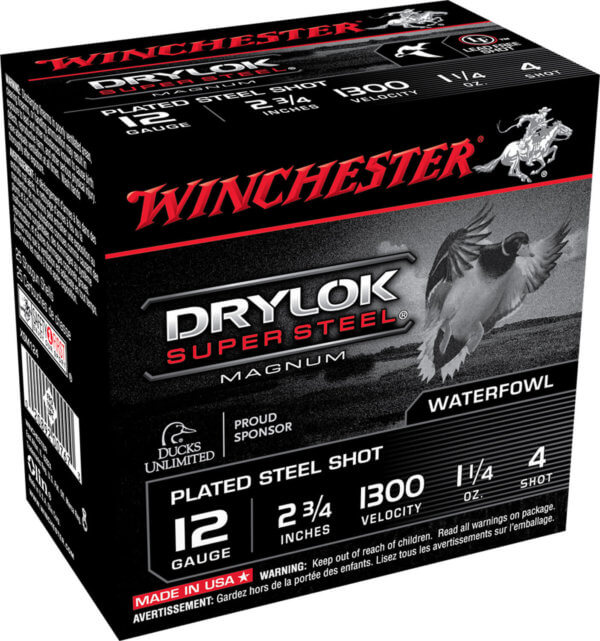 Winchester Ammo XSM124 Drylok Super Steel Magnum 12 Gauge 2.75″ 1 1/4 oz 4 Shot 25rd Box