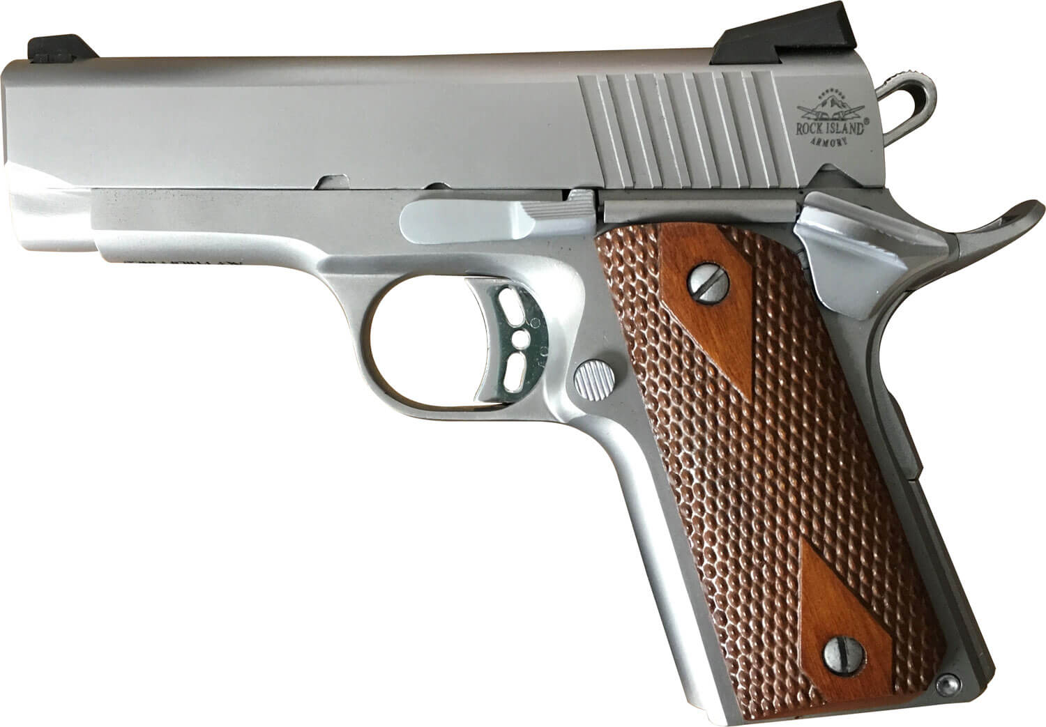 Rock Island 51868 Rock Standard CS *CA Compliant 45 ACP 3.63″ 7+1 Matte Stainless Steel Frame & Slide Double Diamond Checkered Wood Grip Rock Island 51868 Rock Standard CS *CA Compliant 45 ACP 3.63″ 7+1 Matte Stainless Steel Frame & Slide Double Diamond Checkered Wood Grip