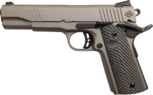 Rock Island 56419 Rock Standard FS *CA Compliant 45 ACP Caliber with 5″ Barrel  8+1 Capacity  Overall Gun Metal Gray Cerakote Finish Steel  Beavertail Frame  Serrated Slide & Black G10 Grip