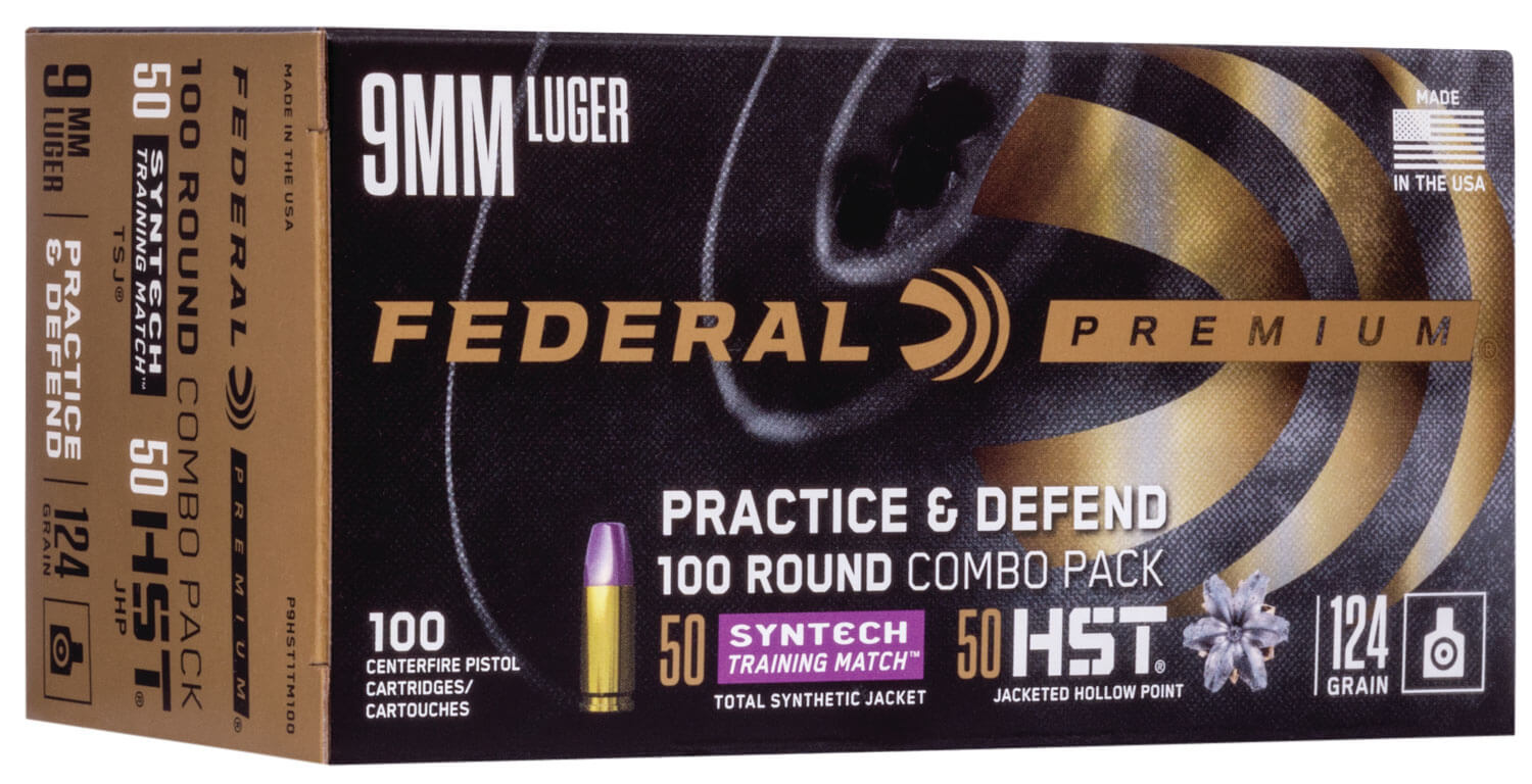 Federal P9HST1TM100 Premium Practice & Defend 9mm Luger 124 gr HST JHP Syntech TSJ 100rd Box Federal P9HST1TM100 Premium Practice & Defend 9mm Luger 124 gr HST JHP Syntech TSJ 100rd Box