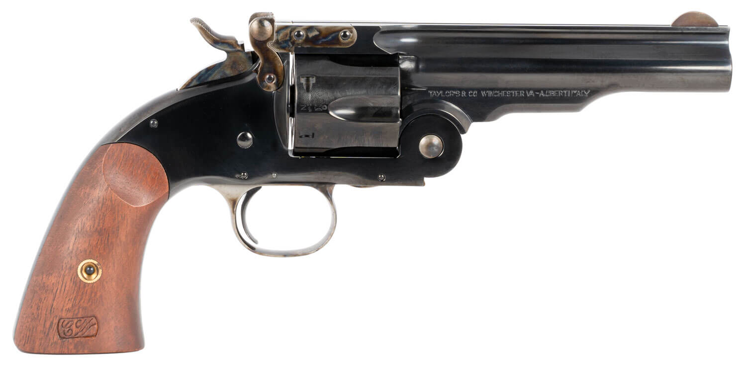 Taylors & Company 550681 Second Model Schofield 38 Special Caliber with 5″ Barrel 6rd Capacity Cylinder Overall Blued Finish Steel & Walnut Grip Taylors & Company 550681 Second Model Schofield 38 Special Caliber with 5″ Barrel 6rd Capacity Cylinder Overall Blued Finish Steel & Walnut Grip