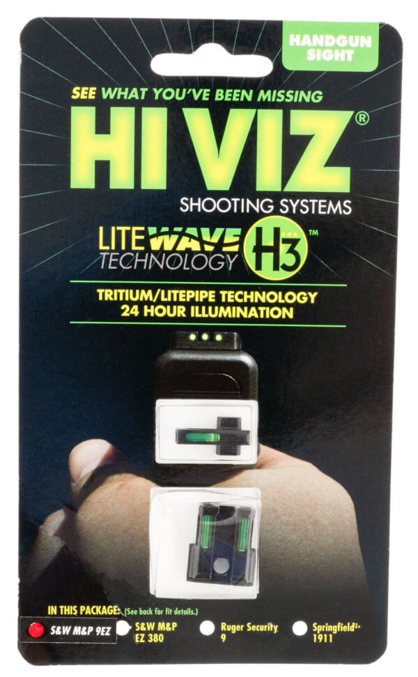 HiViz 9EZN321 LiteWave H3 Sight Set Green/Tritium White Ring Front  Green/Fiber Optic Rear  Black Frame Fits Smith & Wesson M&P 9EZ Shield