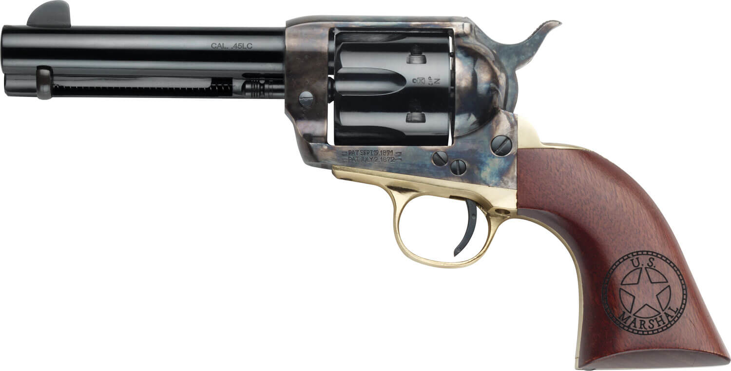 Pietta HF45USM434/COMB 1873 Great Western II U.S. Marshal 45 Colt (Long Colt) 6rd 4.75″ Blued Steel Barrel & Cylinder Blued Steel Frame. Walnut Engraved Grip Exposed Hammer Pietta HF45USM434/COMB 1873 Great Western II U.S. Marshal 45 Colt (Long Colt) 6rd 4.75″ Blued Steel Barrel & Cylinder Blued Steel Frame. Walnut Engraved Grip Exposed Hammer