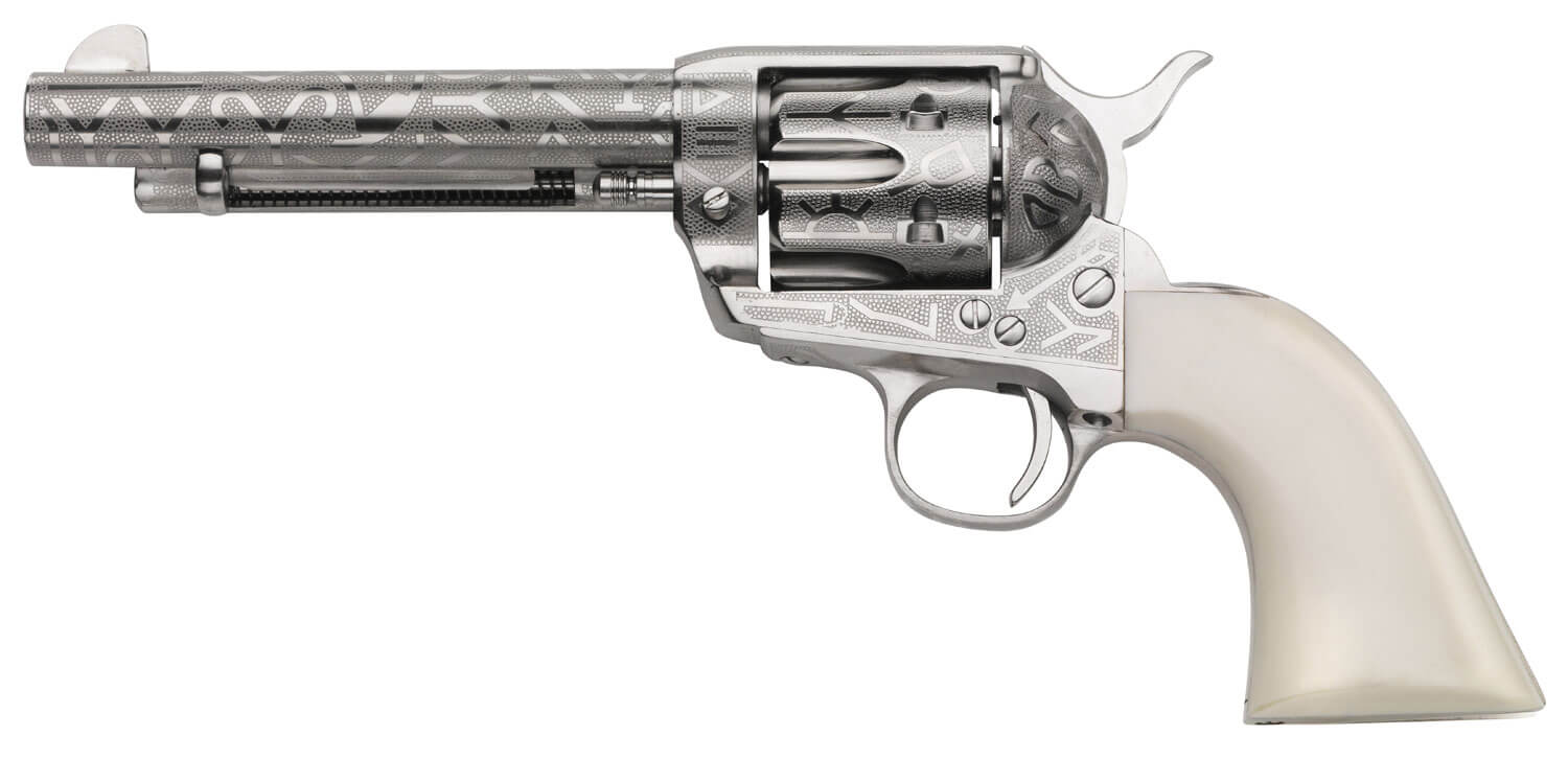 Taylors & Company 200061 1873 Cattle Brand 45 Colt (LC) Caliber with 5.50″ Barrel 6rd Capacity Cylinder Overall Nickel-Plated Engraved Finish Steel & Ivory Synthetic Grip Taylors & Company 200061 1873 Cattle Brand 45 Colt (LC) Caliber with 5.50″ Barrel 6rd Capacity Cylinder Overall Nickel-Plated Engraved Finish Steel & Ivory Synthetic Grip