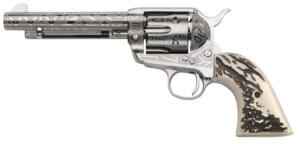 Taylors & Company 200063 1873 Cattle Brand 45 Colt (LC) Caliber with 5.50″  Barrel  6rd Capacity Cylinder  Overall Nickel-Plated Engraved Finish Steel & Imitation Stag Grip