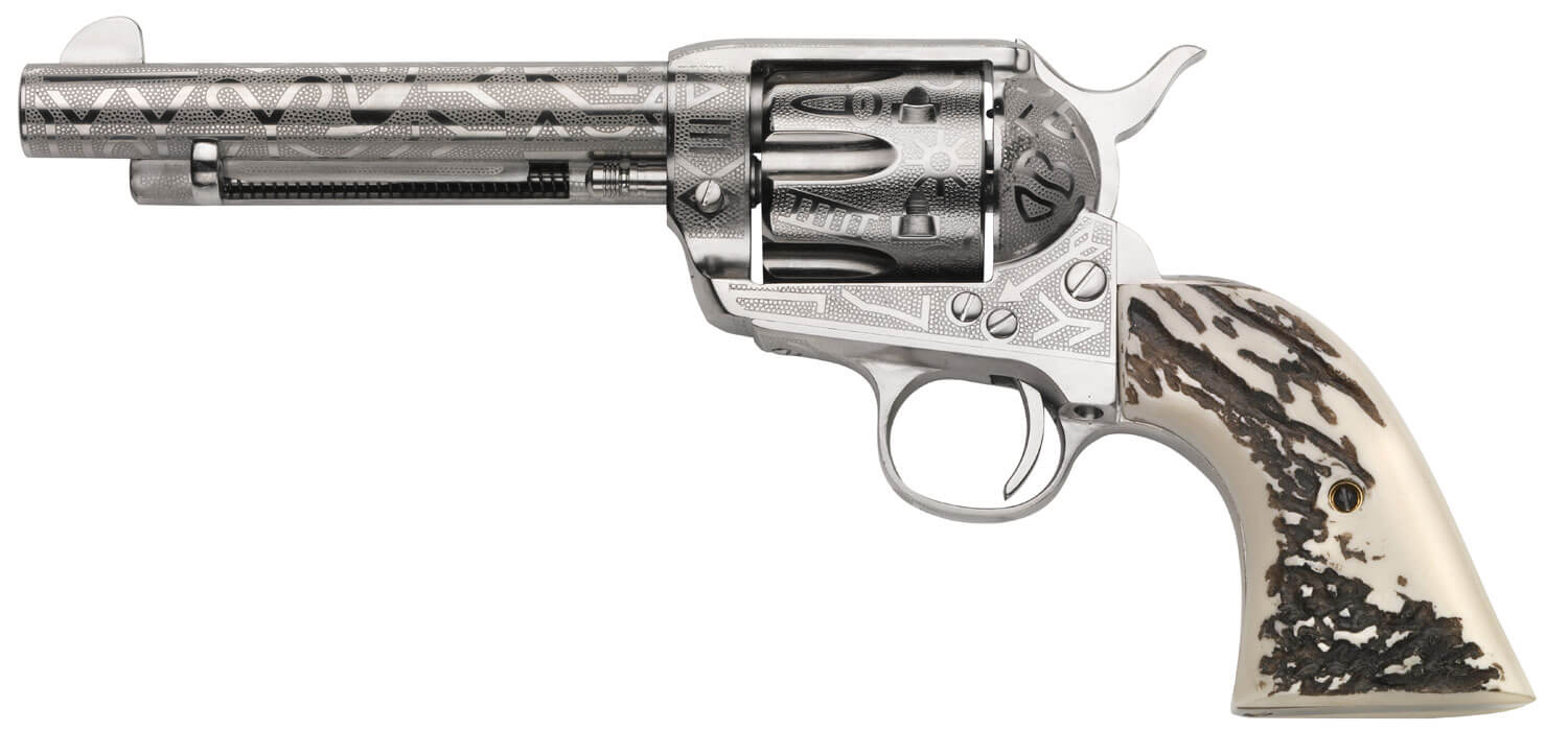 Taylors & Company 200063 1873 Cattle Brand 45 Colt (LC) Caliber with 5.50″ Barrel 6rd Capacity Cylinder Overall Nickel-Plated Engraved Finish Steel & Imitation Stag Grip Taylors & Company 200063 1873 Cattle Brand 45 Colt (LC) Caliber with 5.50″ Barrel 6rd Capacity Cylinder Overall Nickel-Plated Engraved Finish Steel & Imitation Stag Grip