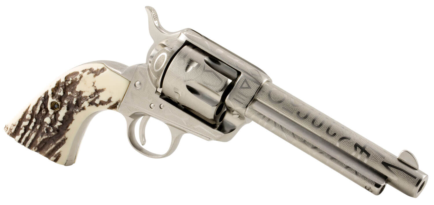 Taylors & Company 200063 1873 Cattle Brand 45 Colt (LC) Caliber with 5.50″ Barrel 6rd Capacity Cylinder Overall Nickel-Plated Engraved Finish Steel & Imitation Stag Grip Taylors & Company 200063 1873 Cattle Brand 45 Colt (LC) Caliber with 5.50″ Barrel 6rd Capacity Cylinder Overall Nickel-Plated Engraved Finish Steel & Imitation Stag Grip