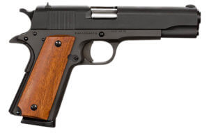 Rock Island 51421MA GI Standard FS *MA Compliant 45 ACP Caliber with 5″ Barrel  8+1 Capacity  Overall Black Parkerized Finish Steel  Beavertail Frame  Serrated Slide & Wood Grip