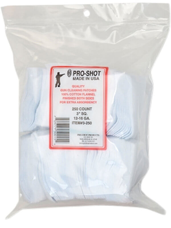 Pro-Shot 3250 Cleaning Patches  12-16 Gauge 3″ Square Cotton Flannel 250 Pack