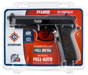 Crosman PFAM9B Full Auto Air Pistol CO2 177 BB 20rd Smooth Bore Brass Barrel  Blow Back Action  Fixed Front/Notched Rear Sights  Full Metal Frame  Black Polymer Grips  Selector Safety