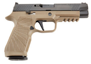 Wilson Combat SIGWCP320F9TATC P320  9mm Luger 17+1 4.70″ Black Steel Barrel  Black DLC Serrated Stainless Steel Slide  Tan Polymer Frame w/Picatinny Rail/Push Button Mag Release  Curved Trigger  Tan Polymer Grip