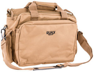 Rukx Gear ATICTRBT Tactical Range Bag  Water Resistant Tan 600D Polyester with Hidden Handgun Pocket  Mag & Ammo Storage  Non-Rust Zippers & Carry Handle 16″ x 7.50″ x 10.50″ Interior Dimensions