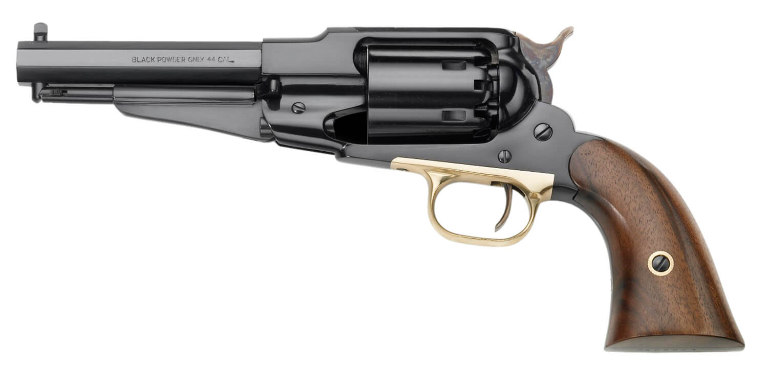 Pietta PF58BR44512 1858 Remington Brass Sheriff 44 Cal 6rd 5.50″ Blued Octagonal Steel Barrel & Cylinder Brass Frame Checkered Walnut Grip Pietta PF58BR44512 1858 Remington Brass Sheriff 44 Cal 6rd 5.50″ Blued Octagonal Steel Barrel & Cylinder Brass Frame Checkered Walnut Grip