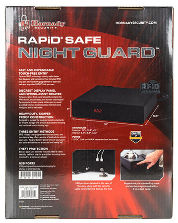 Hornady 98215 Rapid Safe Night Guard RFID Access Code Key Entry Black Steel Holds 1 Handgun 3″ H x 12″ W x 10.50″ D Hornady 98215 Rapid Safe Night Guard RFID Access Code Key Entry Black Steel Holds 1 Handgun 3″ H x 12″ W x 10.50″ D