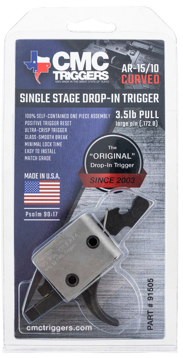 CMC Triggers 91505 Drop-In  Single-Stage Curved Trigger with 3-3.50 lbs Draw Weight & Black Finish for AR-15/AR-10 Ambidextrous