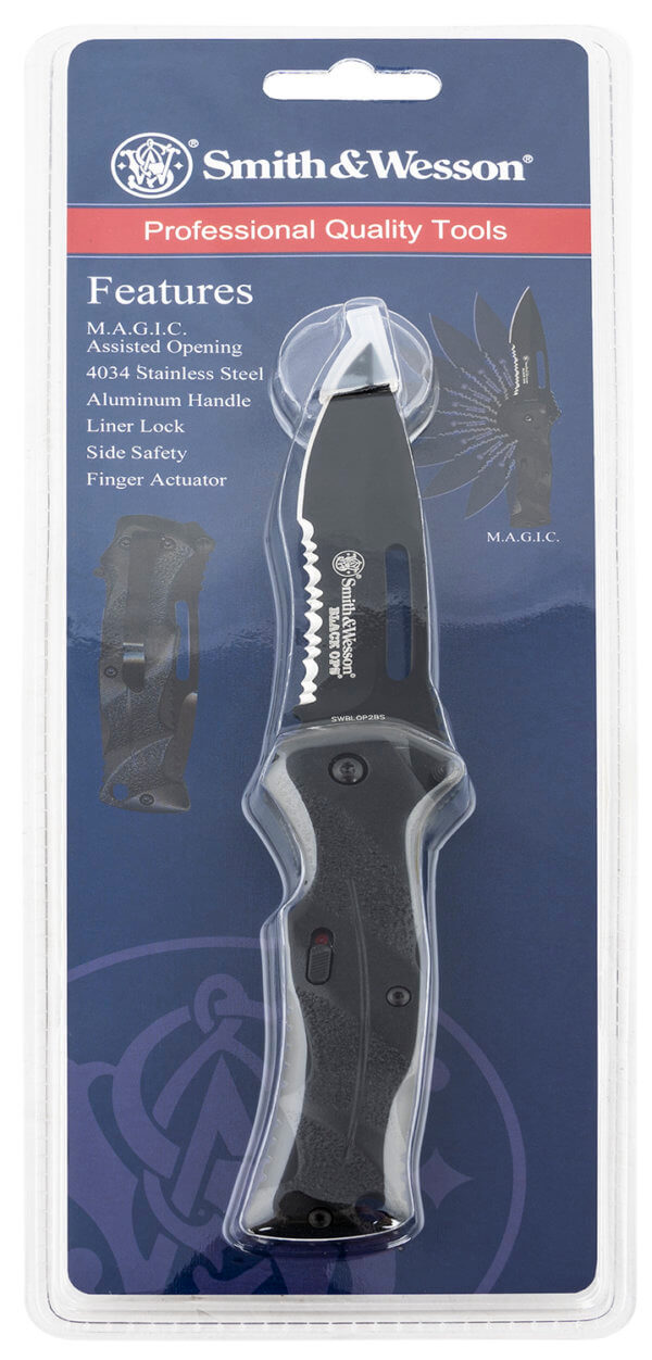 Smith & Wesson Knives SWBLOP2BSCP Black Ops 3.40″ Folding Drop Point Part Serrated 4034 SS Blade Black Includes Pocket Clip Smith & Wesson Knives SWBLOP2BSCP Black Ops 3.40″ Folding Drop Point Part Serrated 4034 SS Blade Black Includes Pocket Clip
