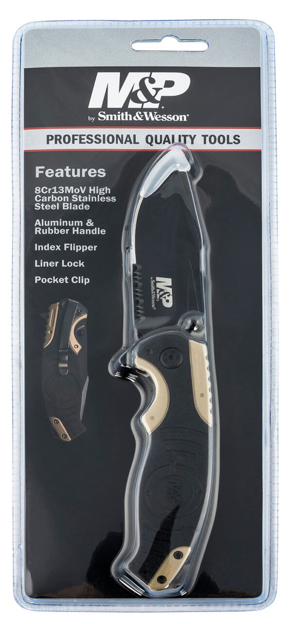 Smith & Wesson Knives SWP13BSCP M&P 3.50″ Folding Drop Point Part Serrated Stonewashed 8Cr13MoV SS Blade/Black & Tan Aluminum Handle Includes Pocket Clip Smith & Wesson Knives SWP13BSCP M&P 3.50″ Folding Drop Point Part Serrated Stonewashed 8Cr13MoV SS Blade/Black & Tan Aluminum Handle Includes Pocket Clip