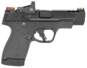 Smith & Wesson 13253 M&P Performance Center Shield Plus w/Optic 9mm Luger 10+1/13+1  4″ Black Armornite Ported Stainless Steel Barrel & Optic Ready/Serrated w/Ports Slide  Matte Black Polymer Frame  5 MOA Crimson Trace Red Dot  No Safety