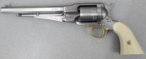 Taylors & Company 550763 1858 Remington Conversion 45 Colt (LC) Caliber with 8″ Barrel 6rd Capacity Cylinder Overall Nickel-Plated Engraved Finish Steel & 2-Piece Ivory Grip Taylors & Company 550763 1858 Remington Conversion 45 Colt (LC) Caliber with 8″ Barrel 6rd Capacity Cylinder Overall Nickel-Plated Engraved Finish Steel & 2-Piece Ivory Grip