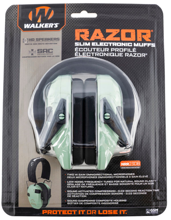 Walker’s GWPRSEMSGN Razor Slim Electronic Muff 23 dB Over the Head Sage Green/Black Polymer