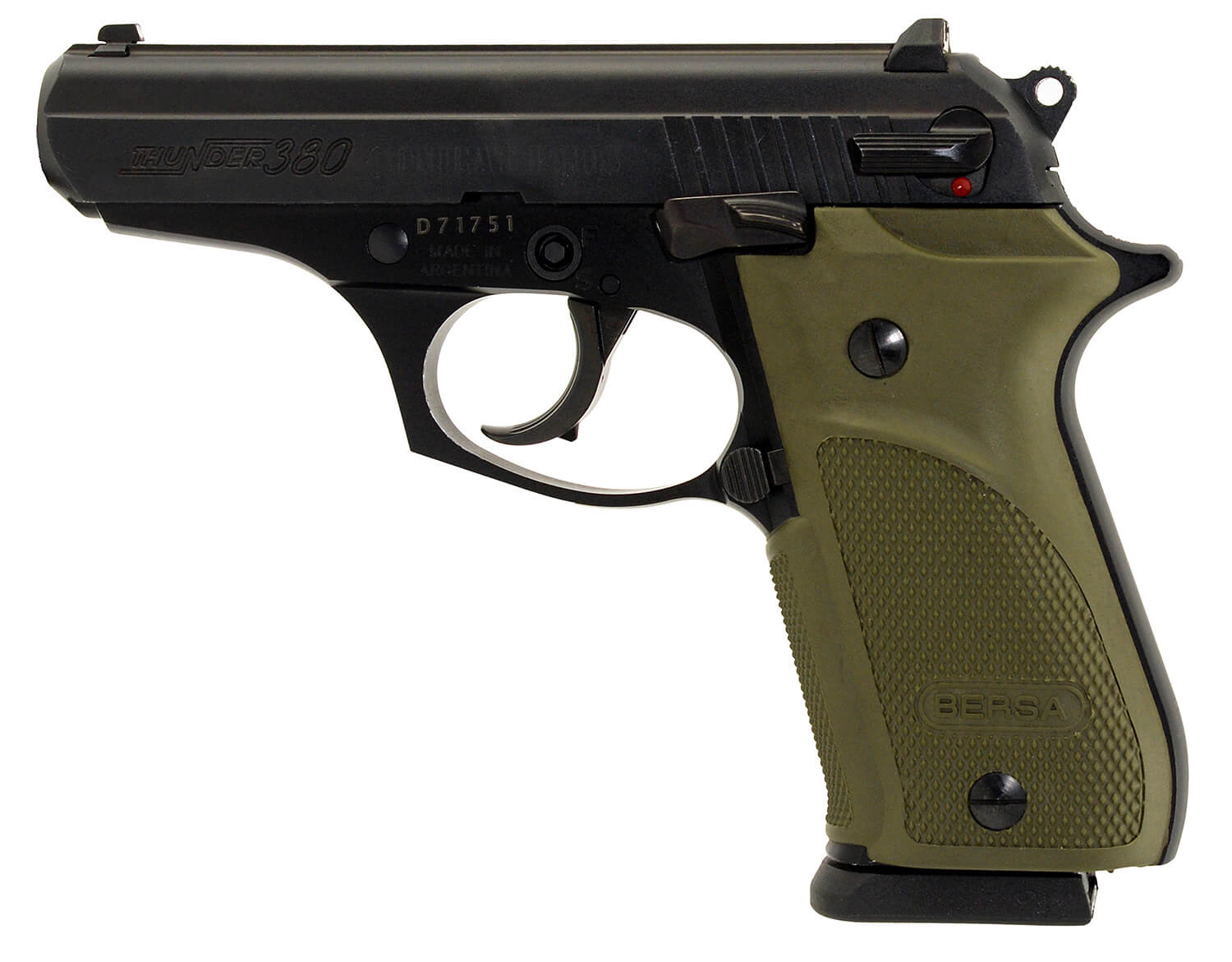 Bersa T380PMC Thunder Combat Sub-Compact Frame 380 ACP 15+1 3.50″ Black Steel Barrel Matte Black Serrated Steel Slide & Aluminum Frame w/Beavertail Olive Wrap-Around Grip Bersa T380PMC Thunder Combat Sub-Compact Frame 380 ACP 15+1 3.50″ Black Steel Barrel Matte Black Serrated Steel Slide & Aluminum Frame w/Beavertail Olive Wrap-Around Grip