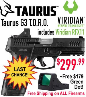 Taurus G3 T.O.R.O. 9mm Optic-Ready Pistol w/Built-in Restrike Capability + FREE Viridian Green Dot ($179  value) – $299.99 – Limited Bundle!