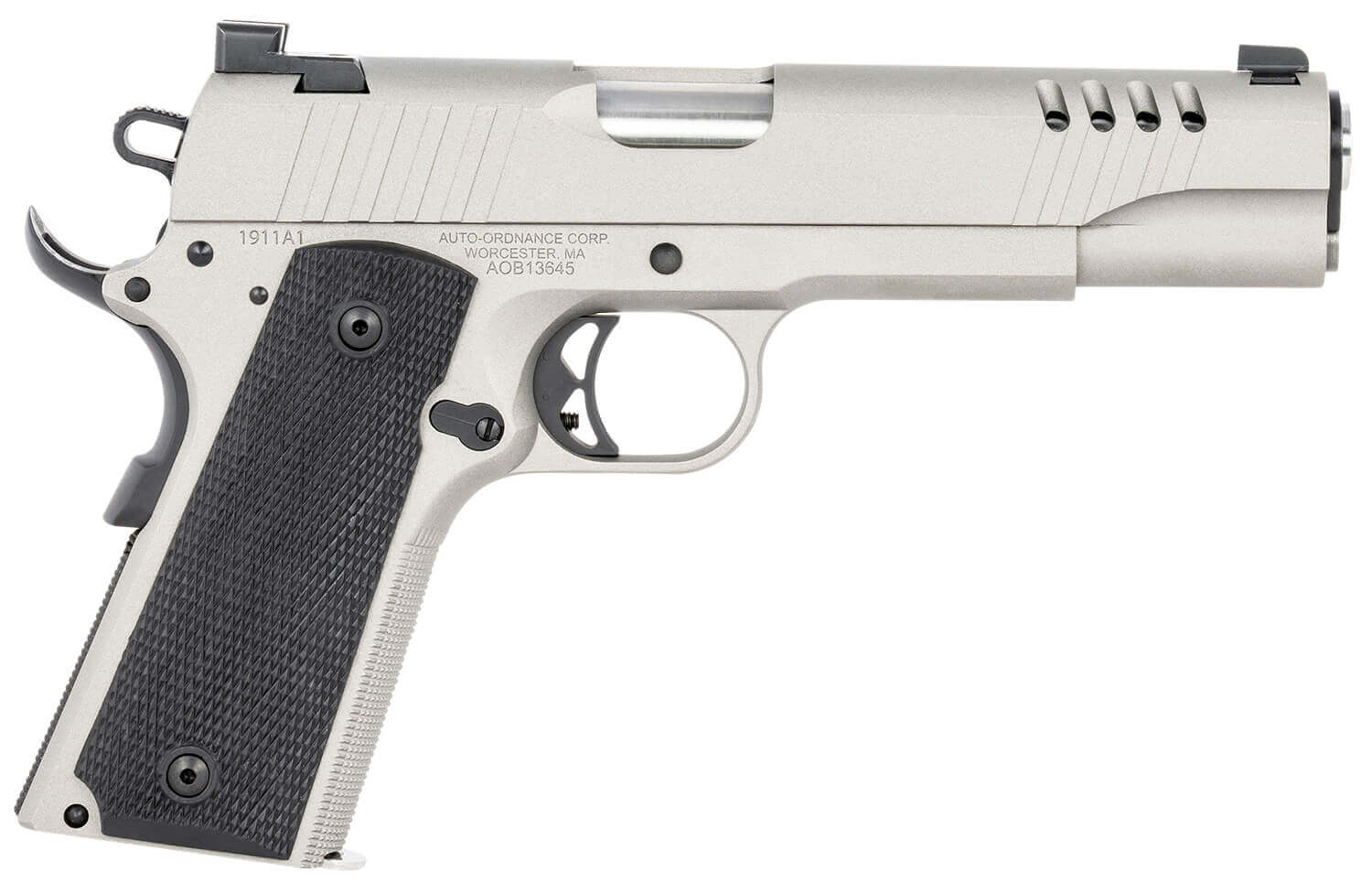 Auto-Ordnance 1911TCAC6 1911 A1 45 ACP 7+1 5" Savage Silver Cerakoate Serrated/Ported Slide Black Rubber Grips Fixed 3-Dot Combat Day Sights