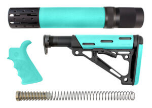 Hogue 13478 OverMolded 3-Piece Kit Collapsible Aqua OverMolded Rubber Black & Aqua Rubber Grip Rifle Length Forend AR15 M16 Hogue 13478 OverMolded 3-Piece Kit Collapsible Aqua OverMolded Rubber Black & Aqua Rubber Grip Rifle Length Forend AR15 M16
